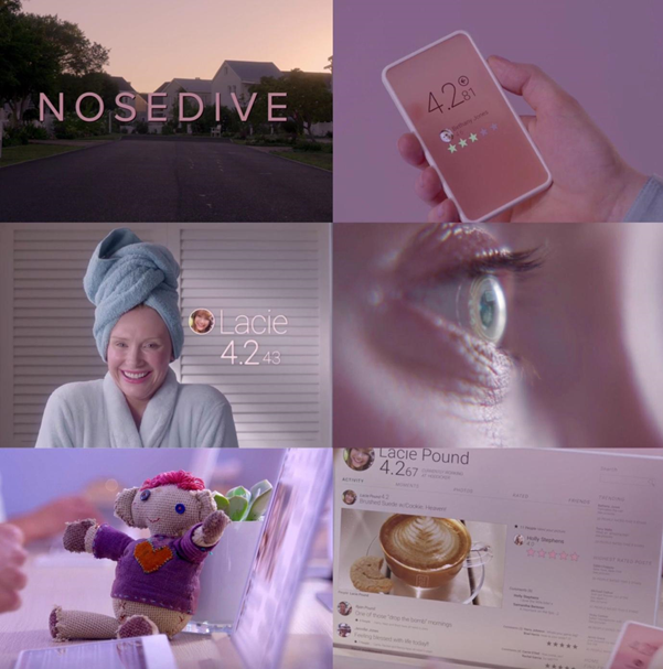 Six screenshots from the Black Mirror series, an episode titled "Nosedive". The images portray a woman using her mobile phone and laptop that show her social ranking. The woman's actions are monitored ans she is identified using biometric identification.