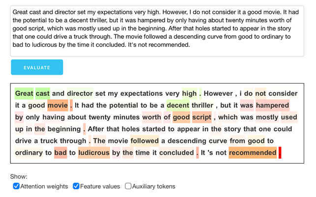 A movie review analyzed by an NLP system. Words are highlighted based on their predicted meaning and relevance.